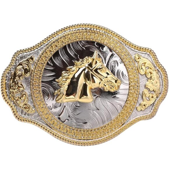 Long Horse Western Belt Buckle Golden Rodeo Texas Cowboy Large Western buckles - Picture 1 of 4
